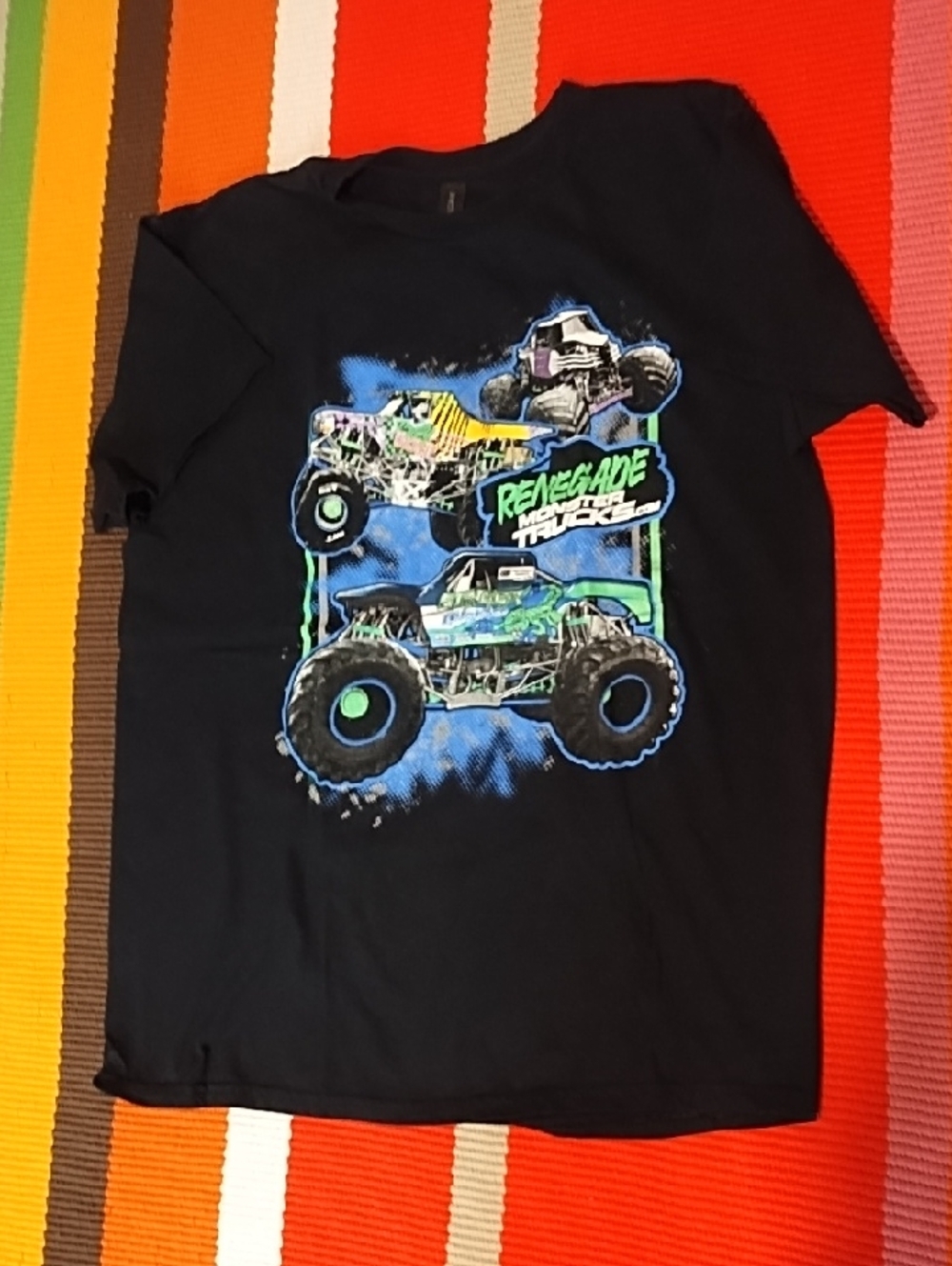 Gildan Black Tee with Blue and Green Monster Truck Graphic